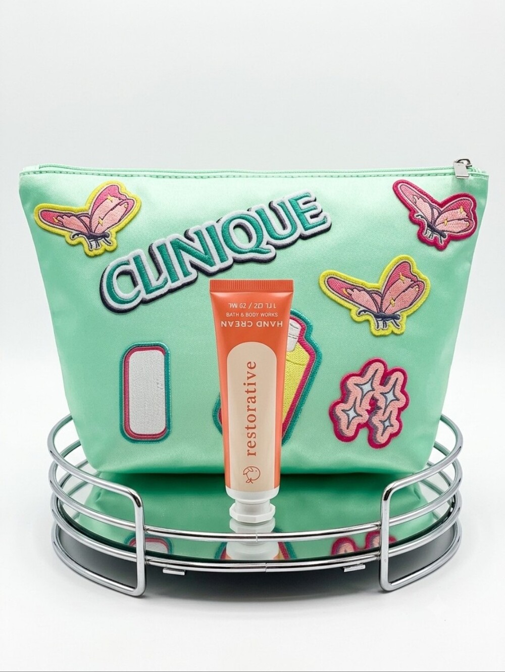 Clinique Mint Green Cosmetic Pouch with Colorful Patches & Hand Cream